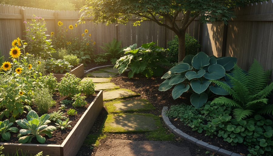 Overhead view of backyard garden showing varied sunlight and shade patterns throughout the space