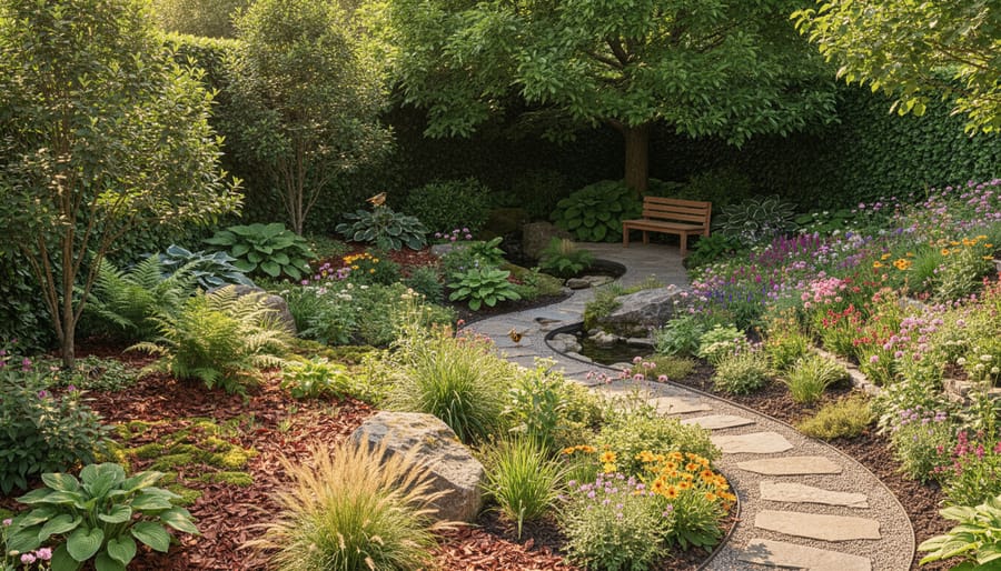 Overhead view of garden showing multiple microclimates with varied plantings