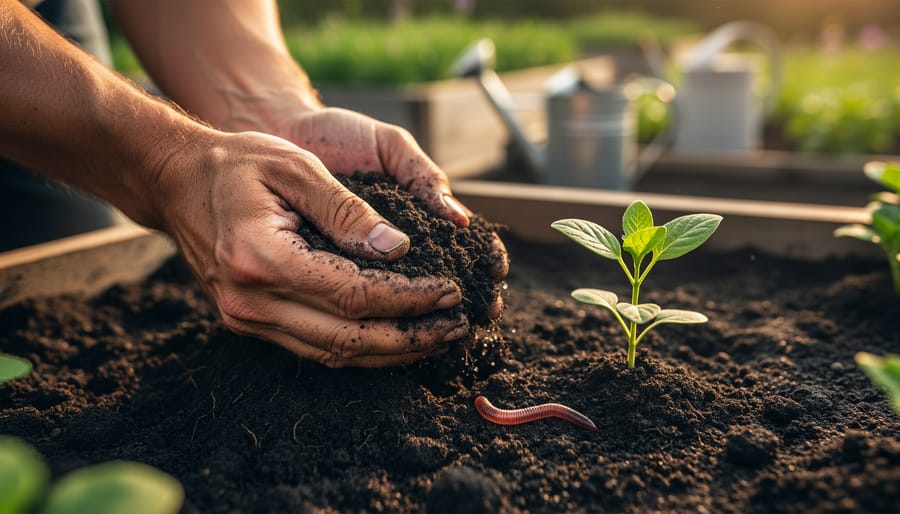 Close-up of hands squeezing moist, crumbly garden soil with a small earthworm beside a young seedling, lit by warm side light, with raised beds and a watering can softly blurred in the background.