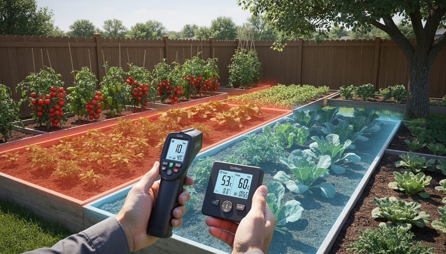 Soil thermometer measuring temperature in garden bed next to young seedling