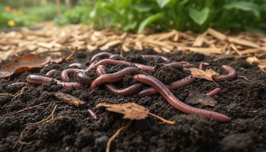 Close-up of dark composted soil with earthworms held in gardener's hands