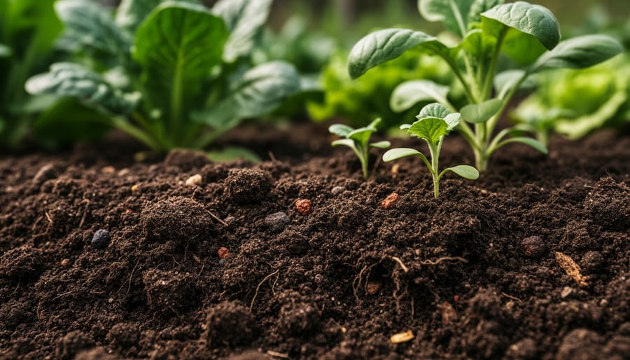 Close-up of dark, rich garden soil with visible organic matter held in hands