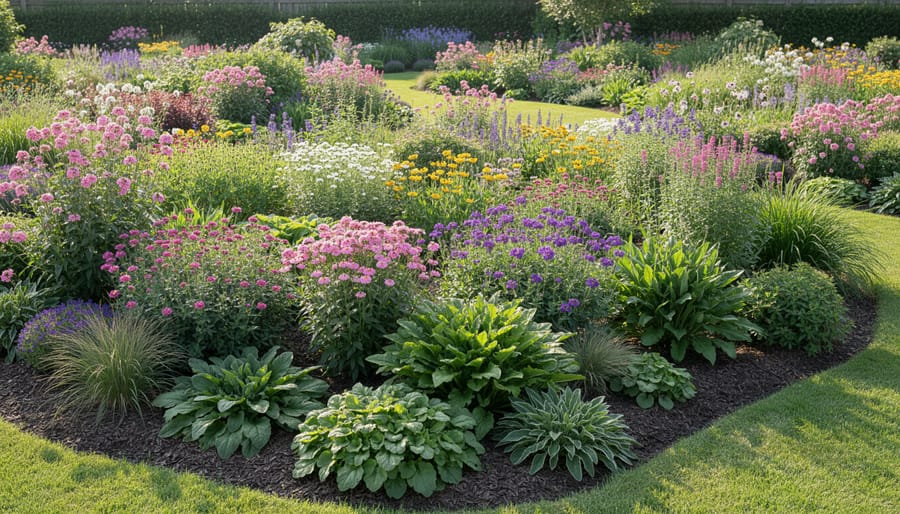 Thriving perennial garden bed with blooming coneflowers, black-eyed susans, and ornamental grasses