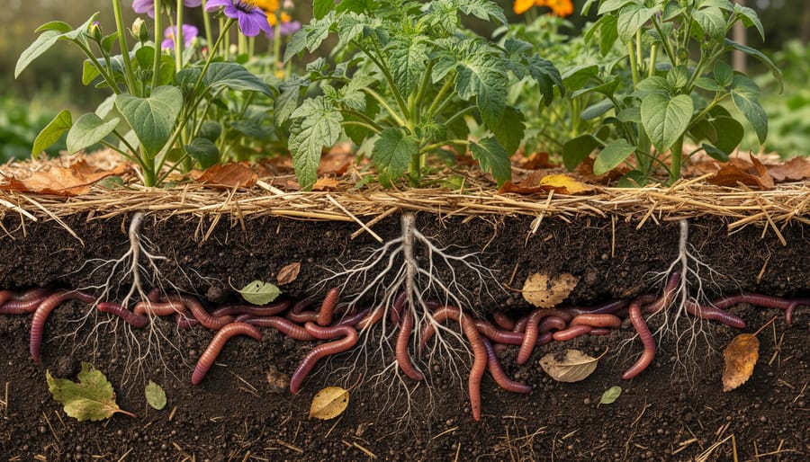 Close-up of healthy garden soil showing earthworms and fungal networks