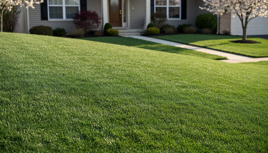 Lush green lawn in early spring with morning dew showing healthy grass growth