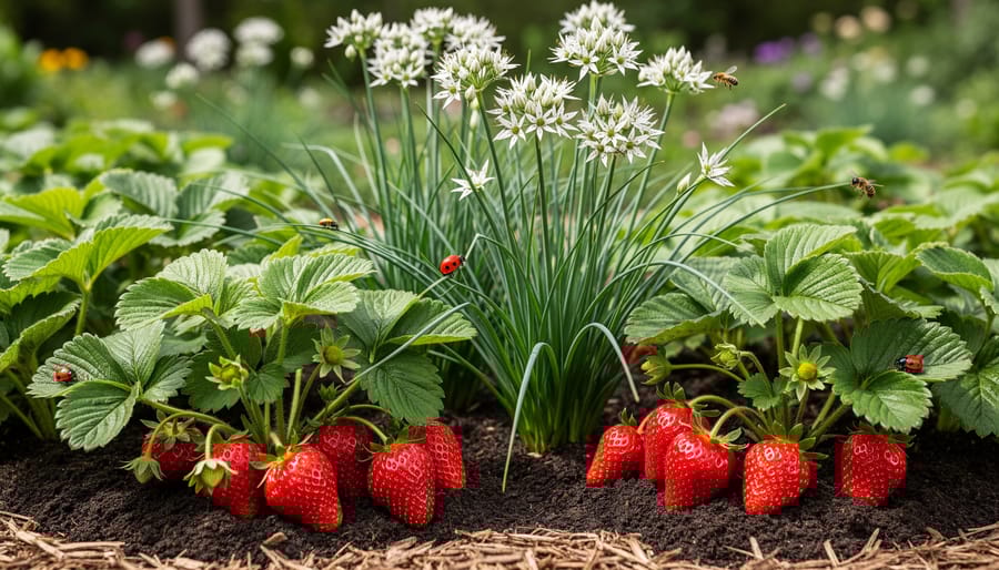 Garlic chives with purple flowers and strawberry plants growing together as companion plants