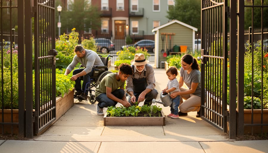 Open gate to a community garden where an older woman guides a teen, a wheelchair user plants seedlings, and a parent helps a child water raised beds along wide paths, with the street and apartments softly visible beyond the fence at golden hour.