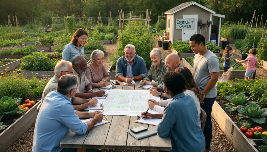 Diverse group of community gardeners meeting in circle outdoors discussing garden decisions