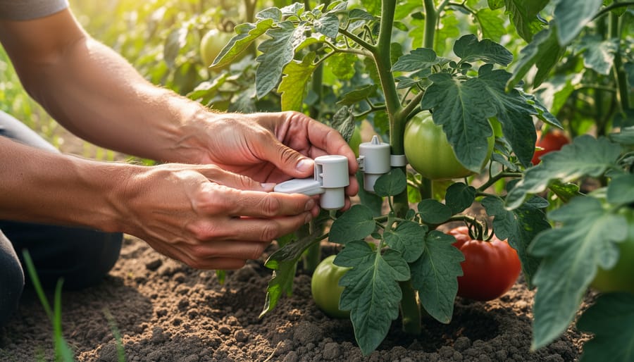 Gardener's hands installing pheromone dispenser on tomato plant stem