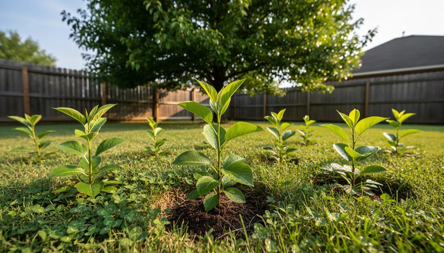 Multiple Bradford pear seedlings growing in residential lawn grass