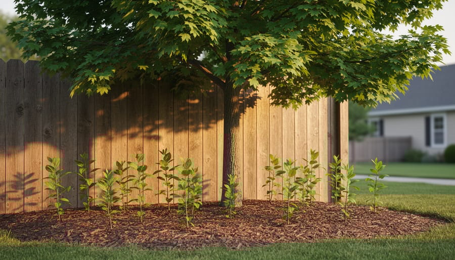 Backyard property line with a wooden fence and a mature ornamental tree; clusters of invasive saplings and root suckers pushing through mulch in the foreground, with the neighboring yard softly blurred beyond the fence.