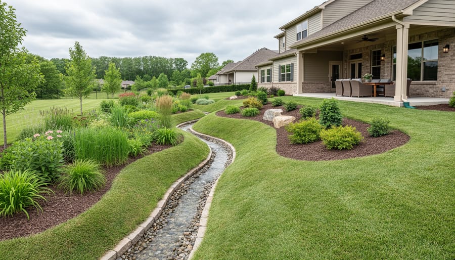 Landscape berm with native grasses directing water flow in residential yard