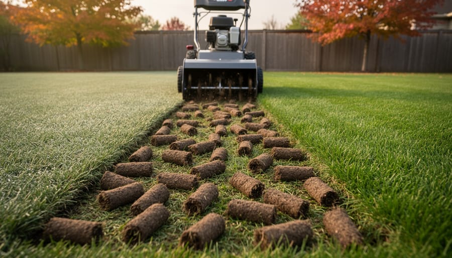 Lawn aerator creating soil plug holes in green grass with extracted cores visible