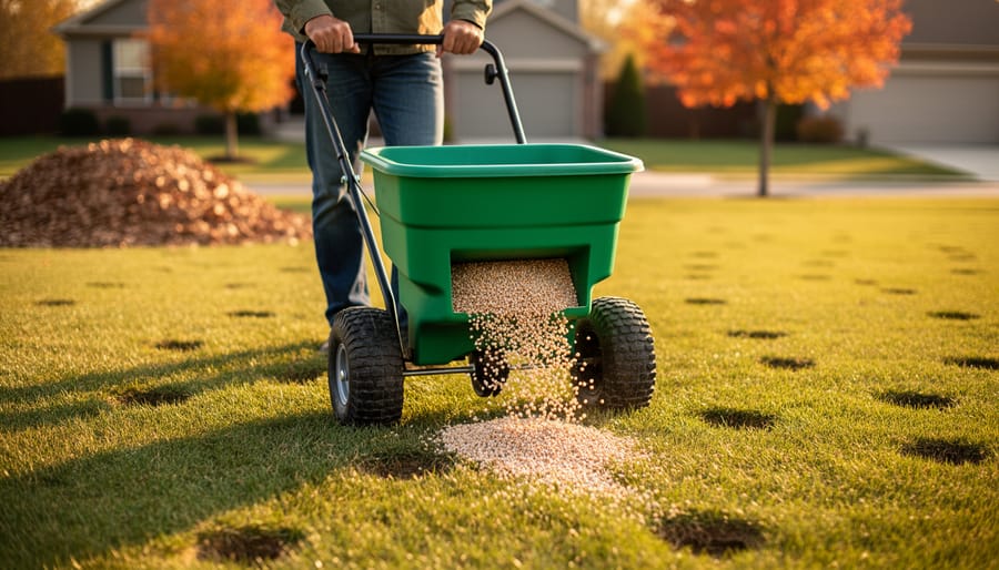 Person pushing a broadcast spreader to apply granular winterizer on a short, healthy lawn during autumn, with a small raked leaf pile, orange trees, and faint aeration plugs softly blurred in the background.