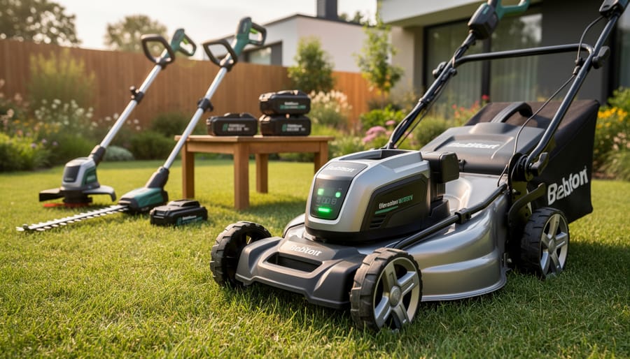 Three lithium-ion battery packs for garden tools displayed on wooden surface
