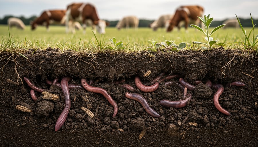 Close-up of hands holding dark rich soil with visible earthworms