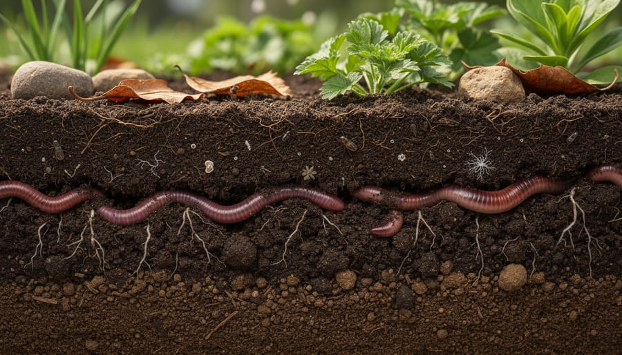 Close-up of living soil showing earthworms and organic matter in rich dark earth