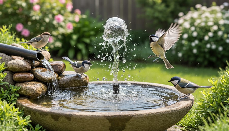 Solar-powered water dripper creating gentle ripples in ceramic bird bath