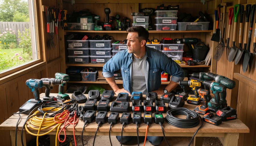 Garage workbench with multiple battery-powered garden tools and incompatible chargers from different brands