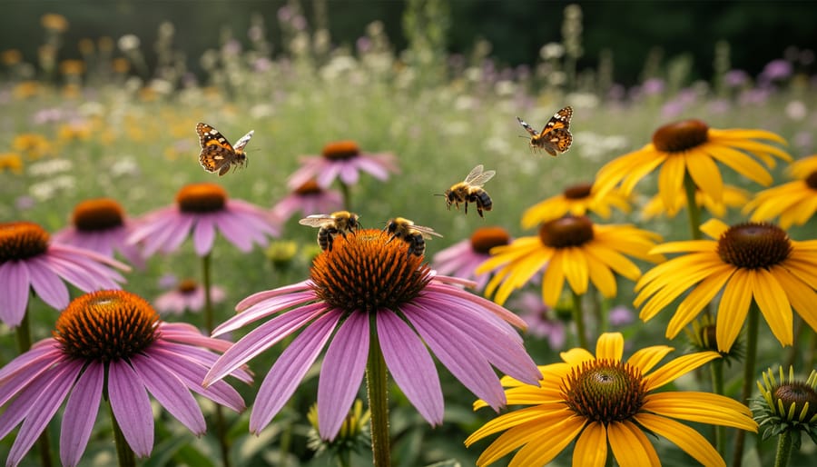 Native wildflowers with monarch butterfly and bee feeding on blooms