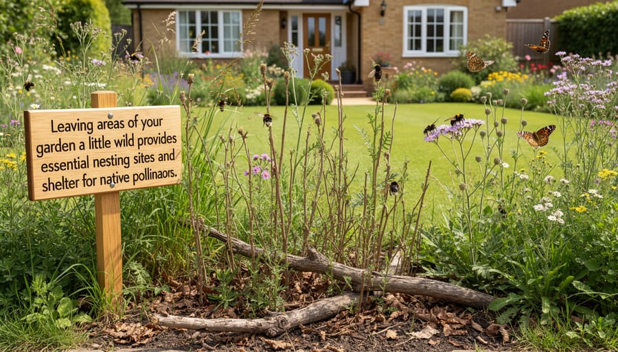 Natural garden area with seed heads, leaf litter and bare ground providing pollinator habitat
