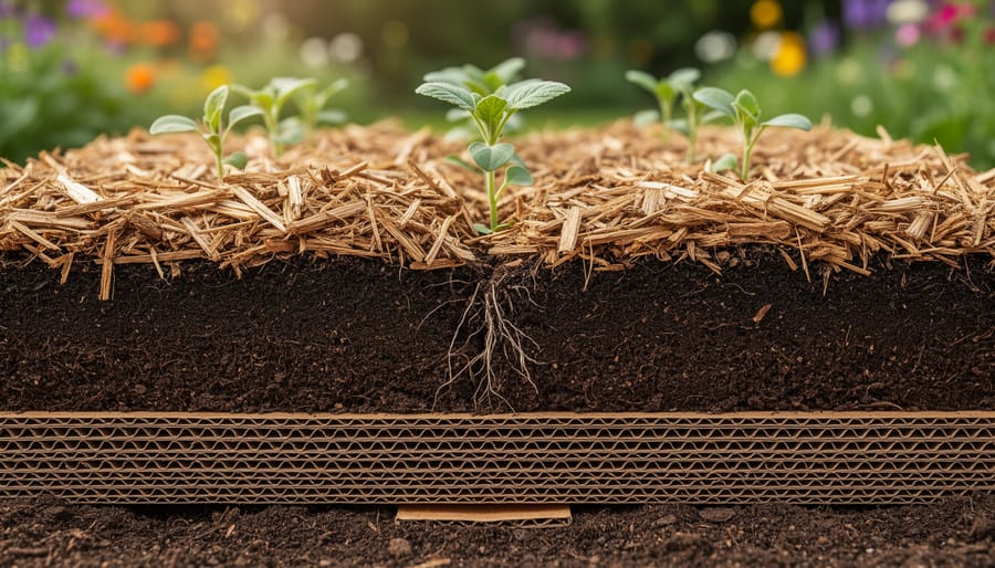 Overhead view of no-dig garden bed showing layers of cardboard, compost, and mulch
