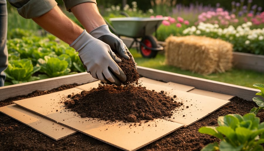 Gloved hands spreading dark compost over overlapping cardboard in a new no-dig raised bed at golden hour, with leafy garden beds, a wheelbarrow, and a straw bale softly blurred in the background.