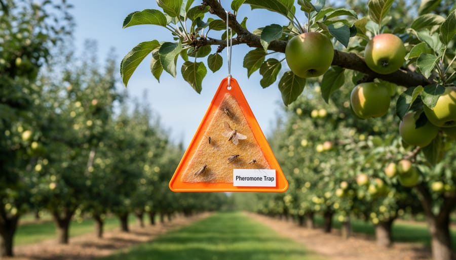 Pheromone trap hanging in apple tree with moths captured inside