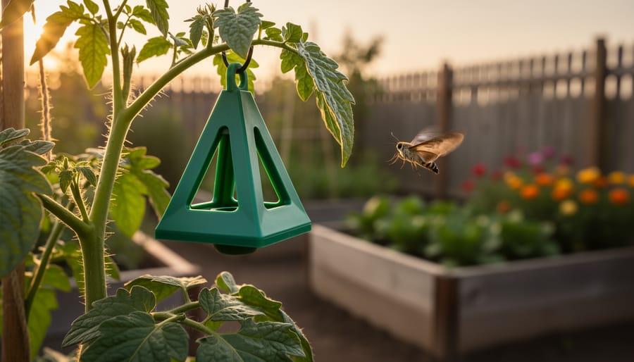 Green triangular pheromone trap hanging in a tomato plant at golden hour, with a moth approaching, and a softly blurred background of vegetable beds and a wooden garden fence.