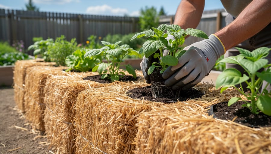Gardener planting tomato seedling into conditioned straw bale