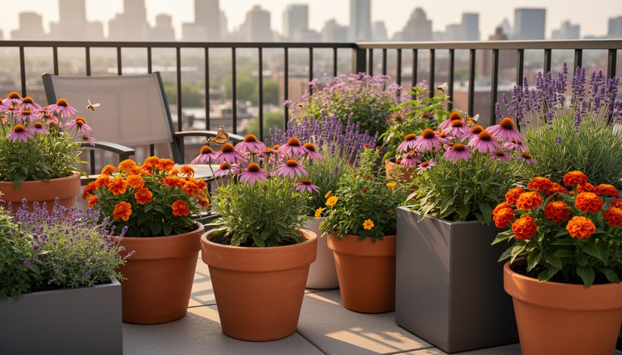 Monarch butterfly visiting purple flowering plants in decorative container garden