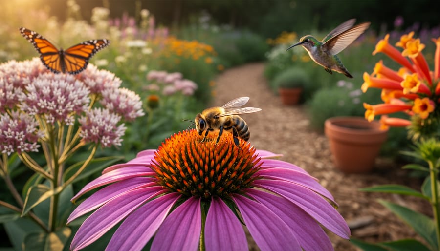 Honeybee drinking nectar from a purple coneflower at golden hour in a native garden, with a blurred monarch on milkweed and a hummingbird near red tubular flowers, plus a faint mulch path and clay pots in the background.