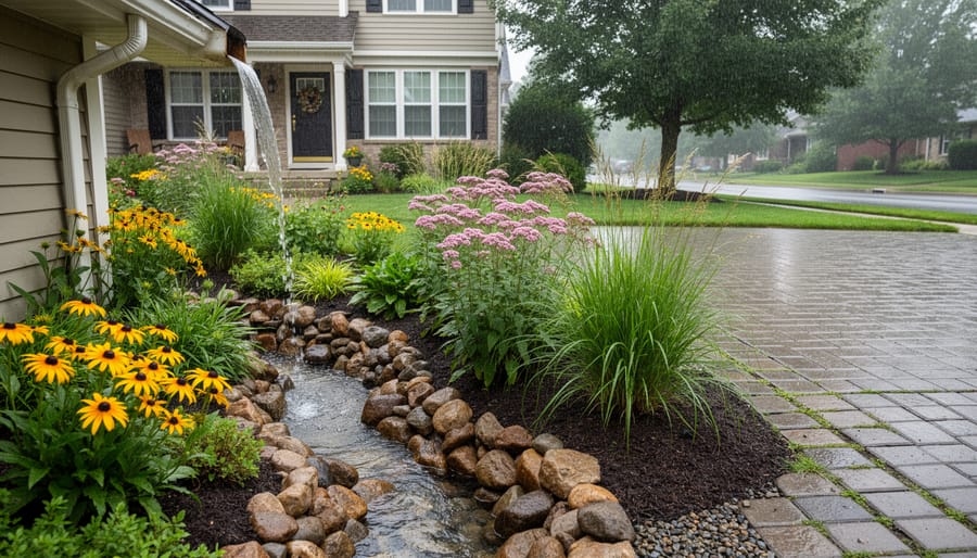 Suburban yard with a rain garden capturing downspout water into a river-rock dry creek, native perennials in a shallow basin, and a section of permeable paver driveway; house and trees softly blurred in the background under overcast light.