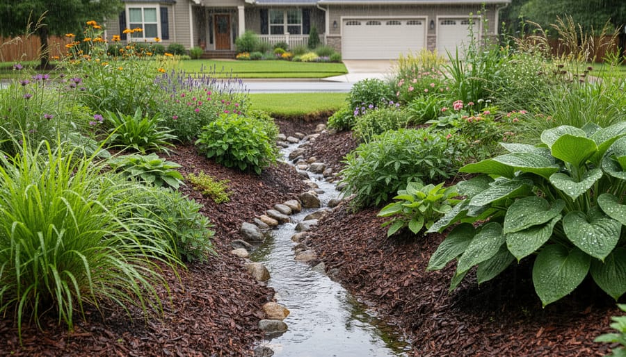 Rain garden with native plants collecting water during rainfall