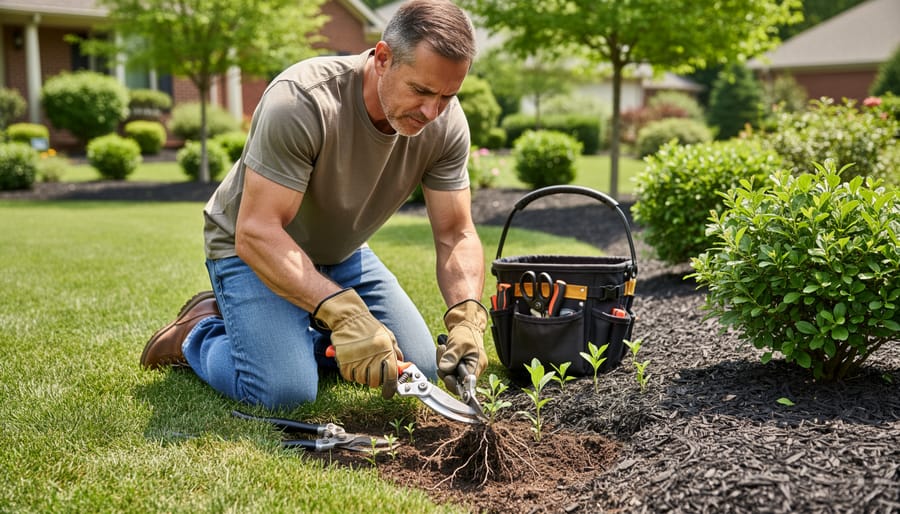 Gardener using loppers to remove small invasive tree seedling