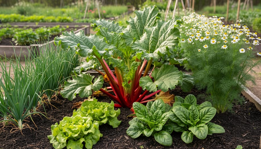 Mature rhubarb plant with red stalks and green leaves growing in garden bed