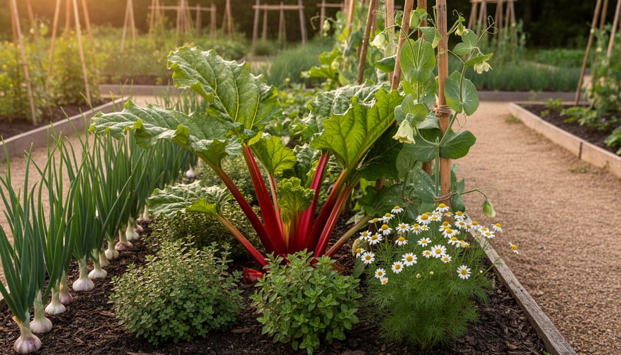 Eye-level photo of mature rhubarb with thyme, oregano, and chamomile beneath its canopy, peas climbing a nearby trellis, and a border of garlic and chives, lit by golden-hour sunlight with a simple garden path and beds in the background.