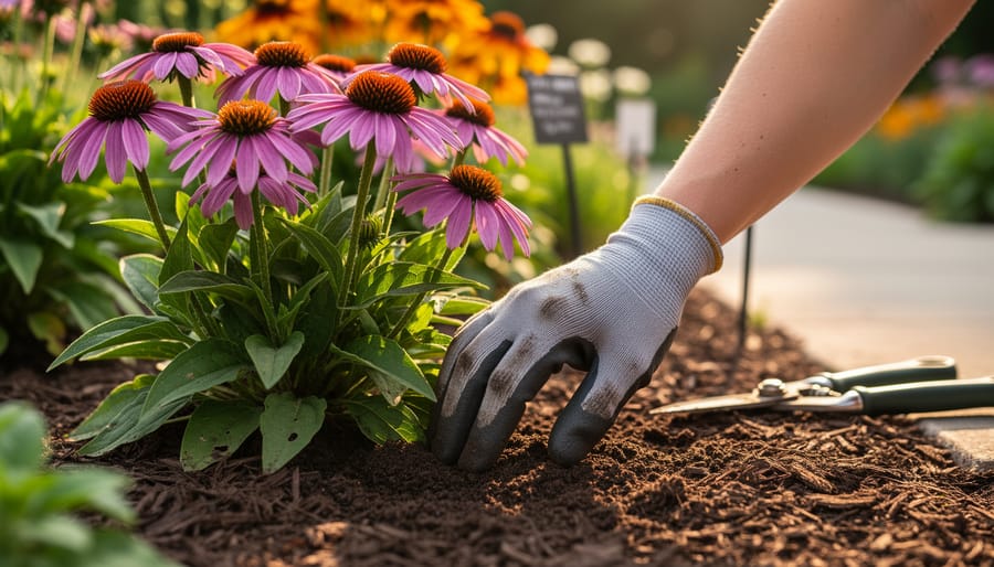 Gloved hand testing soil moisture next to a mulched clump of purple coneflowers and black-eyed Susans in a well-maintained perennial bed, softly lit by golden hour with a blurred garden path and tools in the background