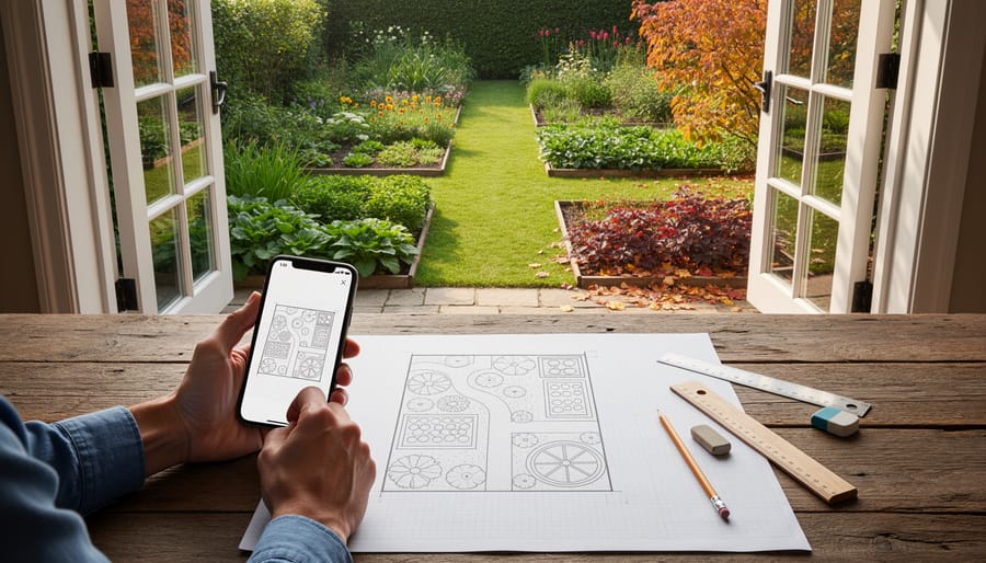 Gardener using smartphone and paper to document and map garden layout and conditions