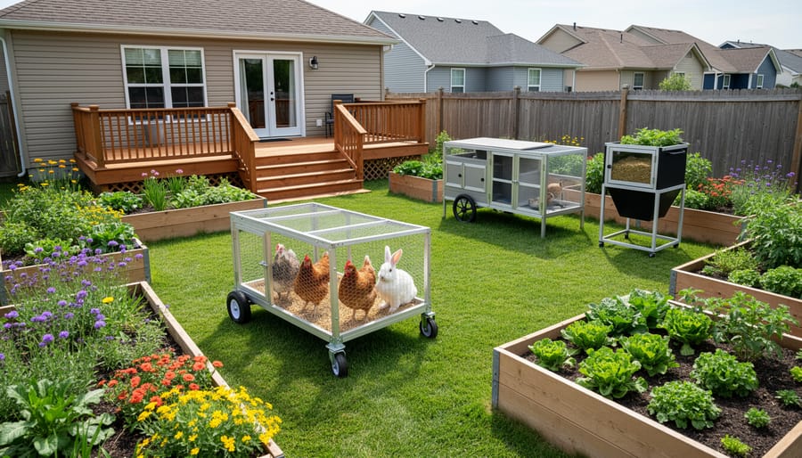 Small backyard garden with compact vegetable beds and portable chicken enclosure