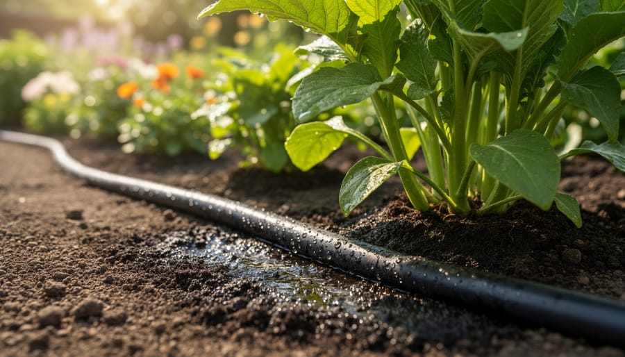 Gardener using soaker hose irrigation system at base of vegetable plants
