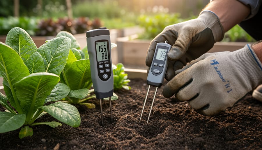 Gardener's hands using soil testing tools including pH meter and moisture probe