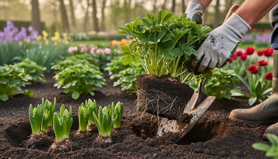 Gardener's hands dividing perennial plant roots during spring maintenance