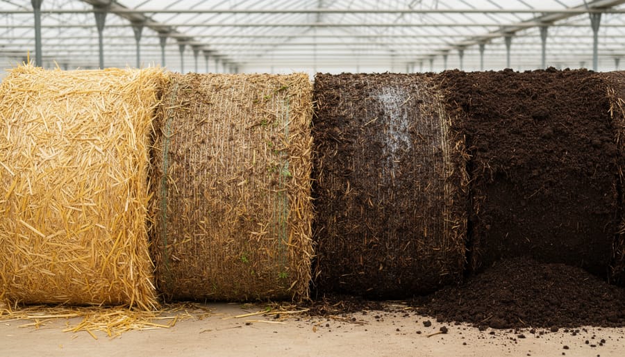 Three straw bales showing different stages of the conditioning process from fresh to fully decomposed