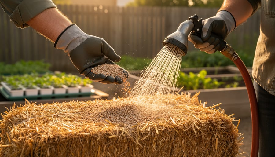 Close-up of a straw bale being conditioned: a gloved hand sprinkles granular fertilizer while a hose showers water over the bale, with seedling trays and sunlit garden beds softly blurred in the background.