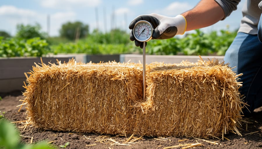 Gardener's hands checking internal temperature of conditioned straw bale with thermometer