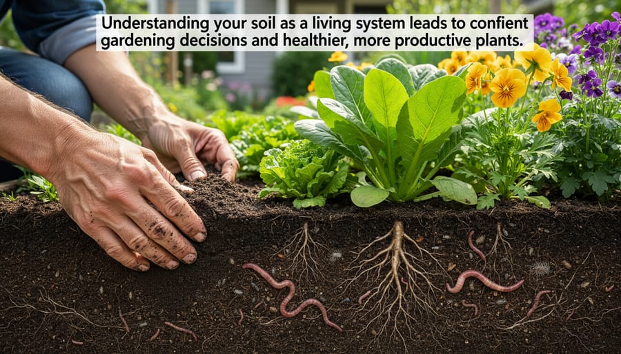 Home gardener examining healthy soil in thriving vegetable garden