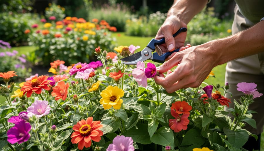 Close-up of gardener deadheading spent coneflower bloom with pruning shears