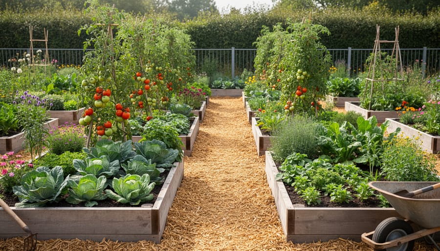 Thriving no-dig vegetable garden with healthy plants and mulched pathways