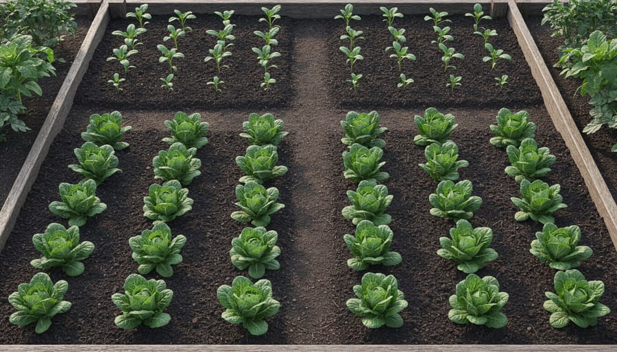 Overhead view of well-organized vegetable garden showing proper plant spacing and layout